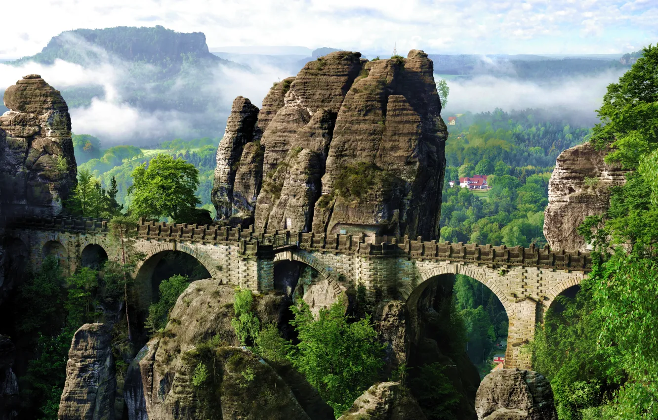 Фото обои hdr, панорма, германия, multi monitors, deutschland, ultra hd, bastei bridge, горы эльбе