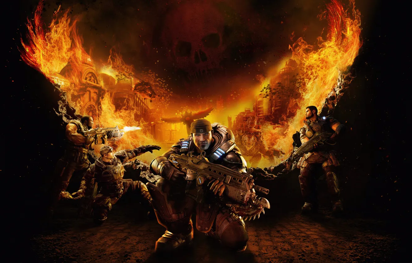 Фото обои fire, battlefield, flame, microsoft, xbox, gears of war, weapon, war