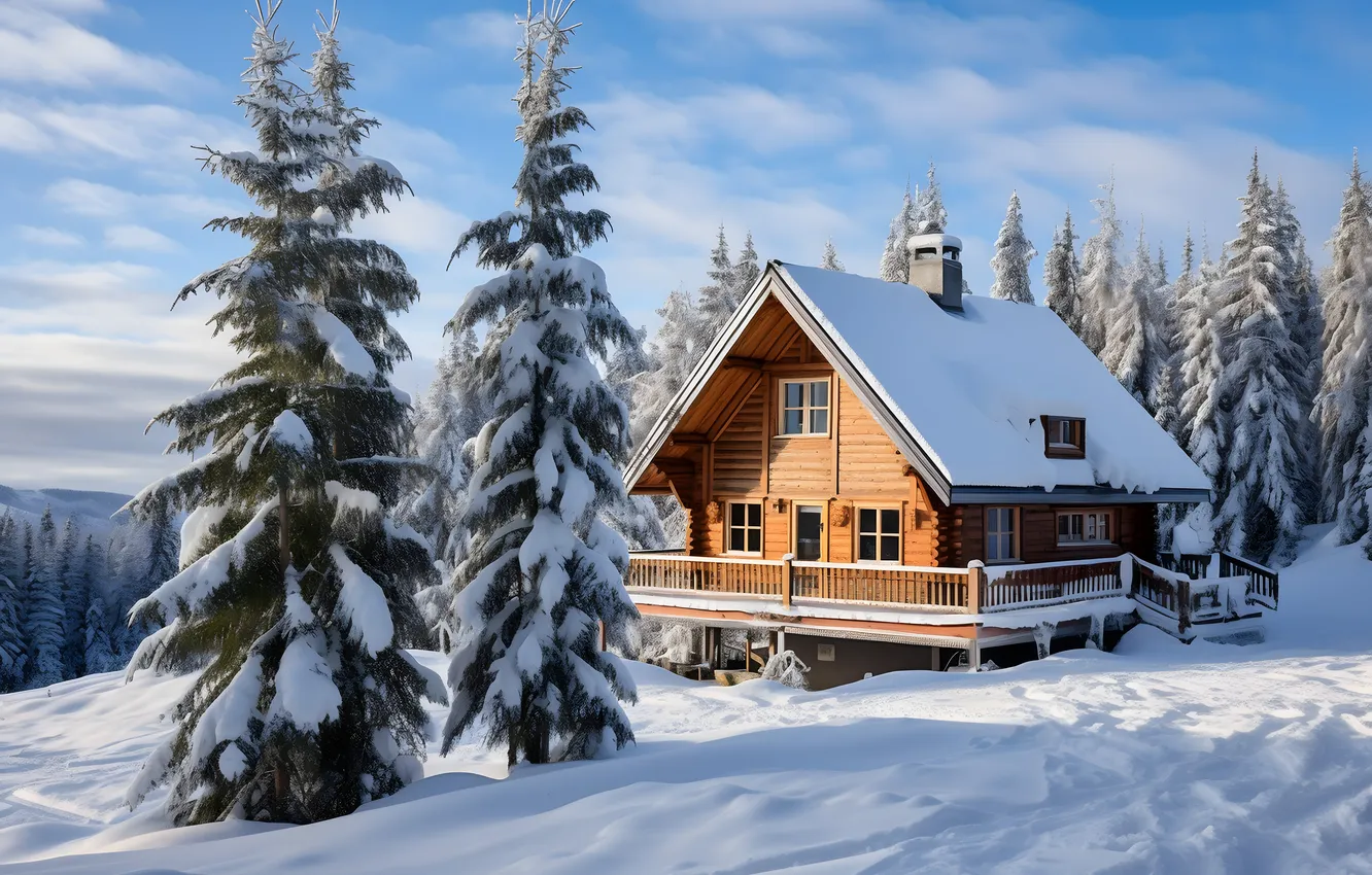 Фото обои зима, лес, снег, горы, природа, домик, house, хижина