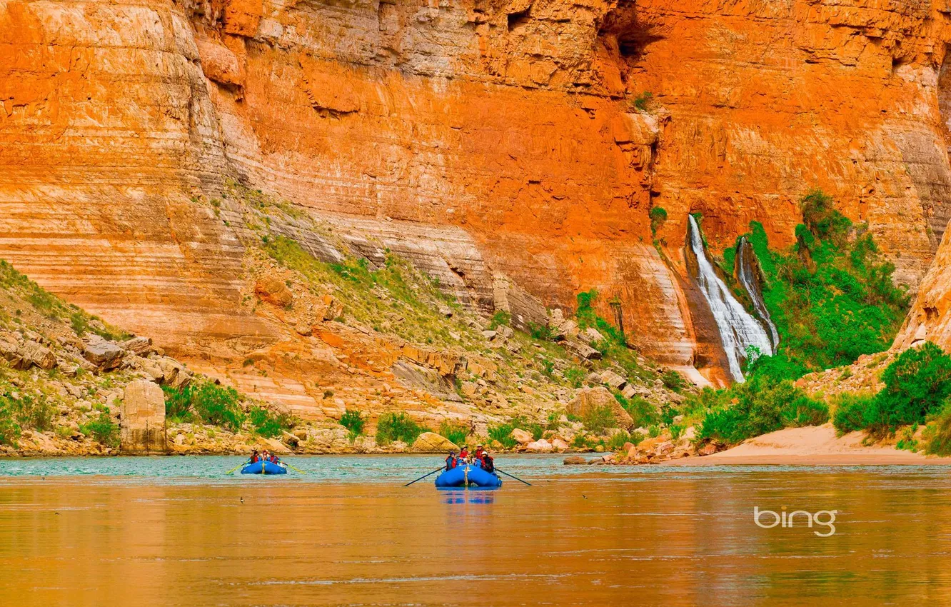 Фото обои природа, скала, река, лодка, гора, водопад, каньон