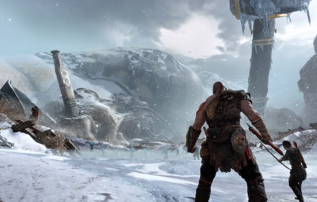 Фото обои axe, ice, game, demigod, Kratos, God of War, snow, man