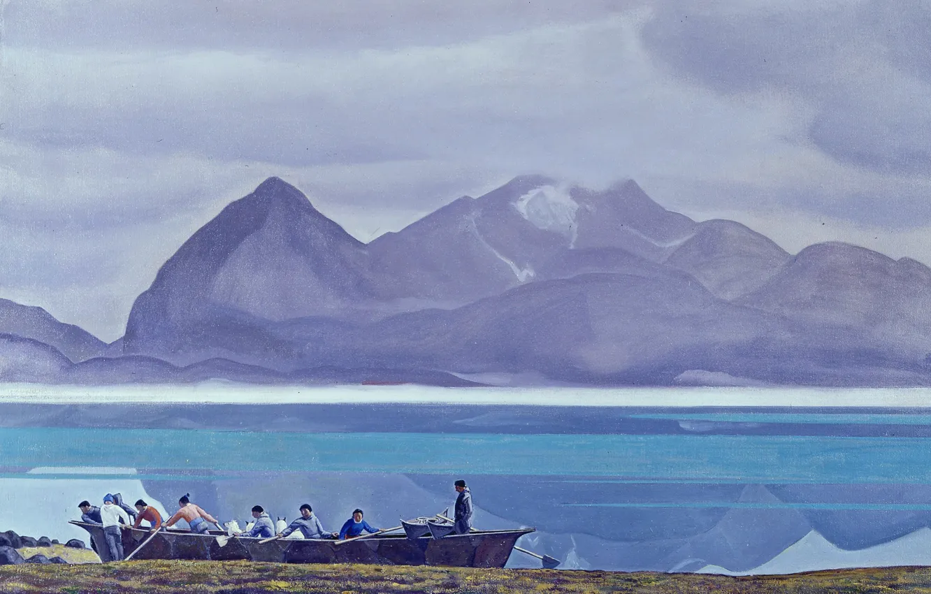 Фото обои море, пейзаж, горы, лодка, картина, Rockwell Kent, Рокуэлл Кент, Greenland People. Dogs and Mountains