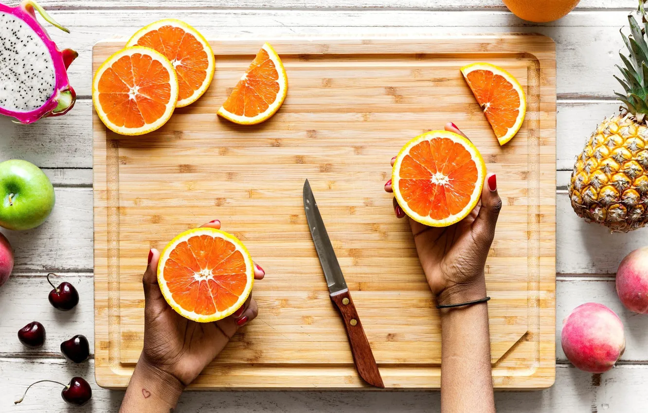 Фото обои яблоко, апельсины, нож, фрукты, ананас