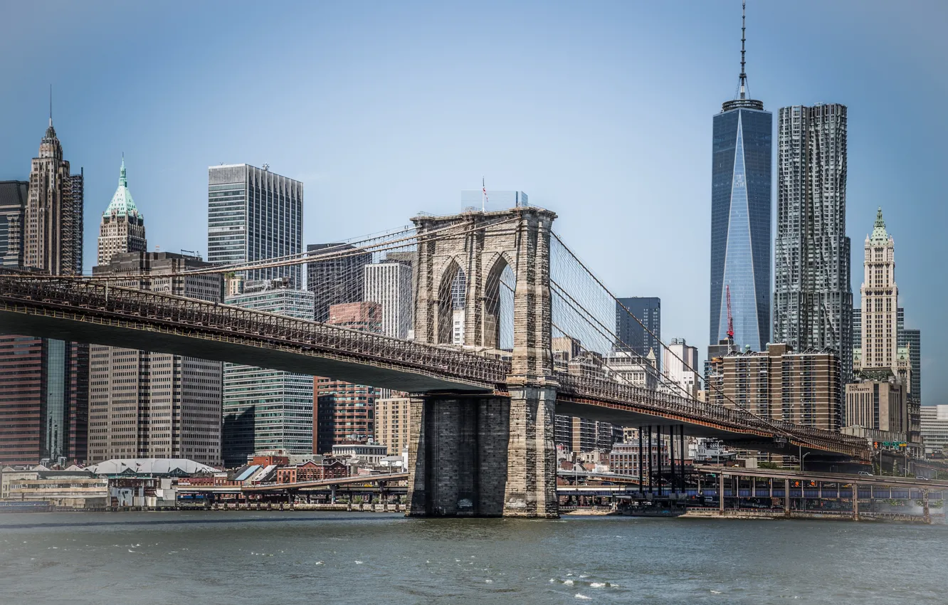 Фото обои Море, Нью-Йорк, Мост, Бруклин, Манхеттен, Здания, USA, США