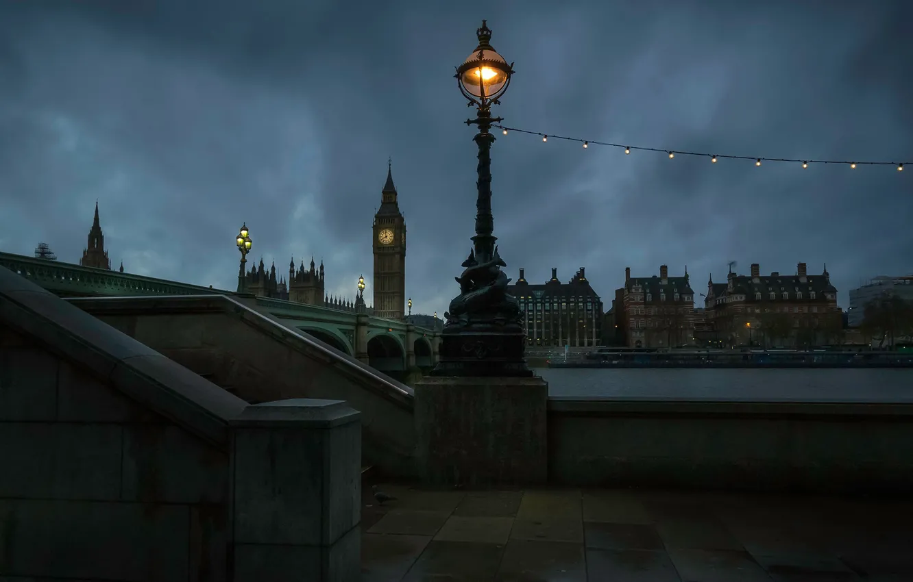 Фото обои ночь, мост, огни, река, часы, Англия, Лондон, башня