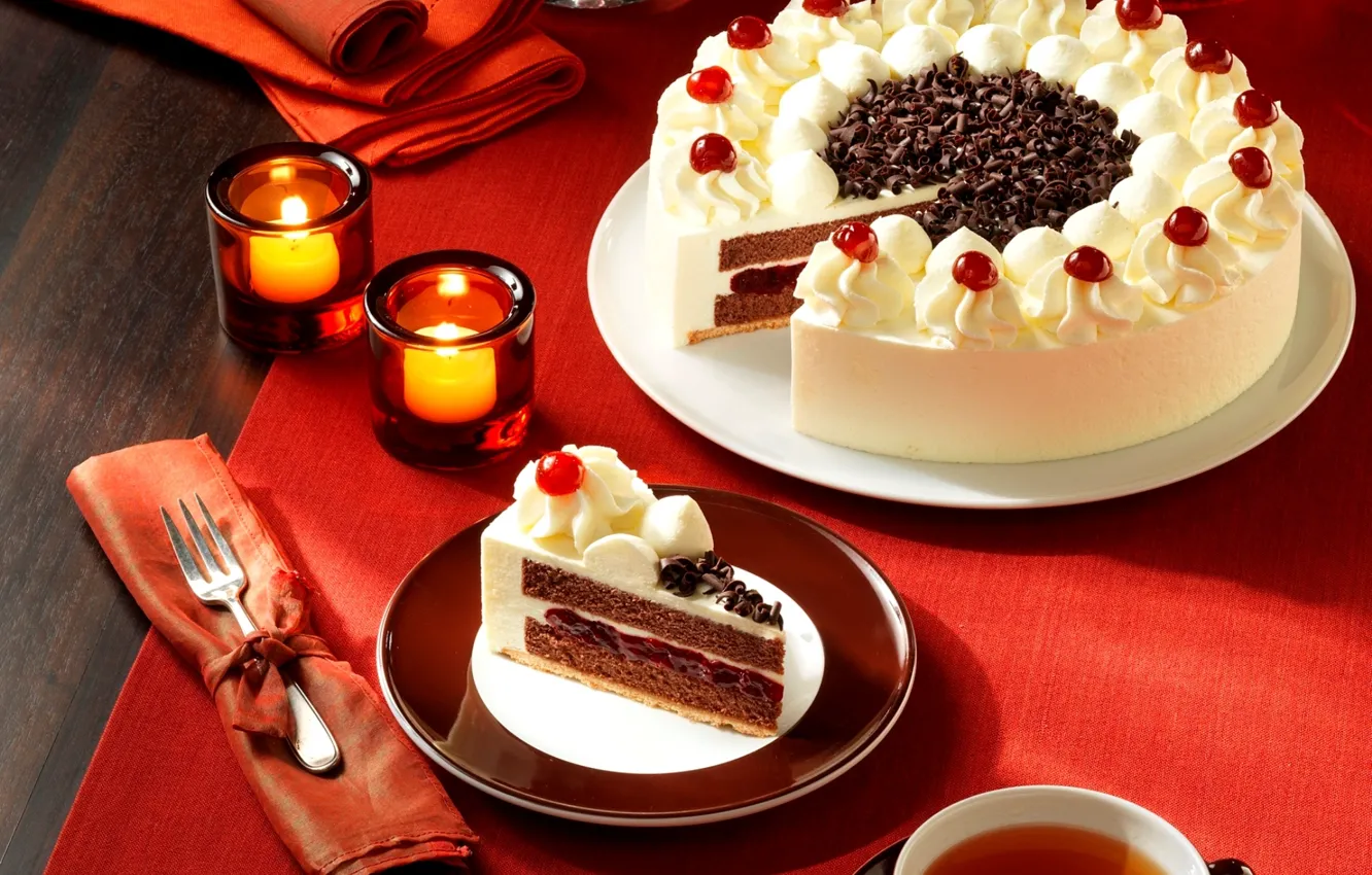 Фото обои чай, еда, свечи, тарелка, торт, вилка, крем, десерт
