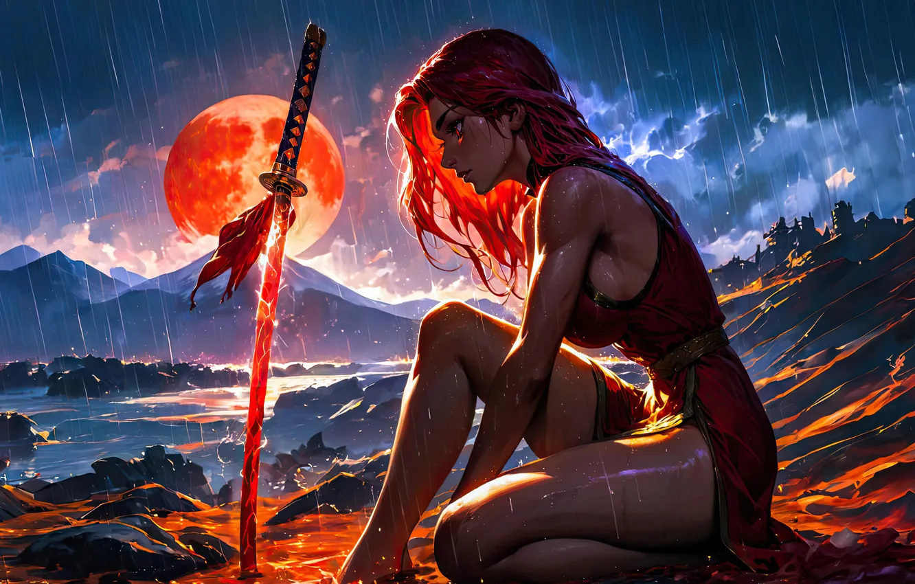 Фото обои sword, rain, warrior