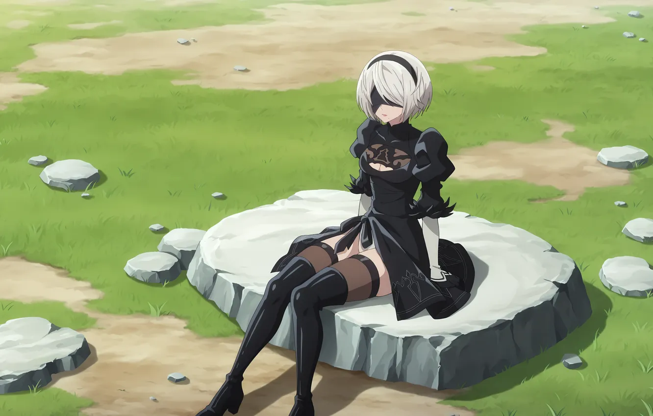 Фото обои поле, девушка, камень, girl, field, woman, stone, nier automata