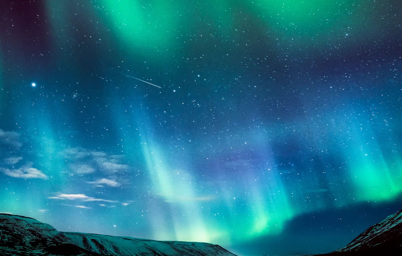 Фото обои river, mountains, northern lights, meteor, aurora borealis