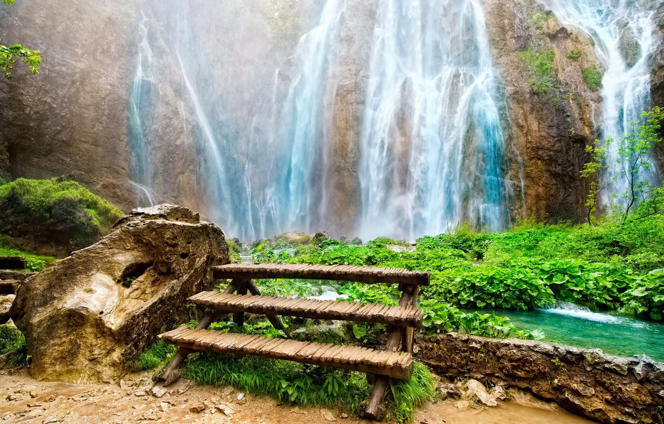 Фото обои тропики, скалы, растительность, водопад, зелёная, красивейший, Amazing Waterfall