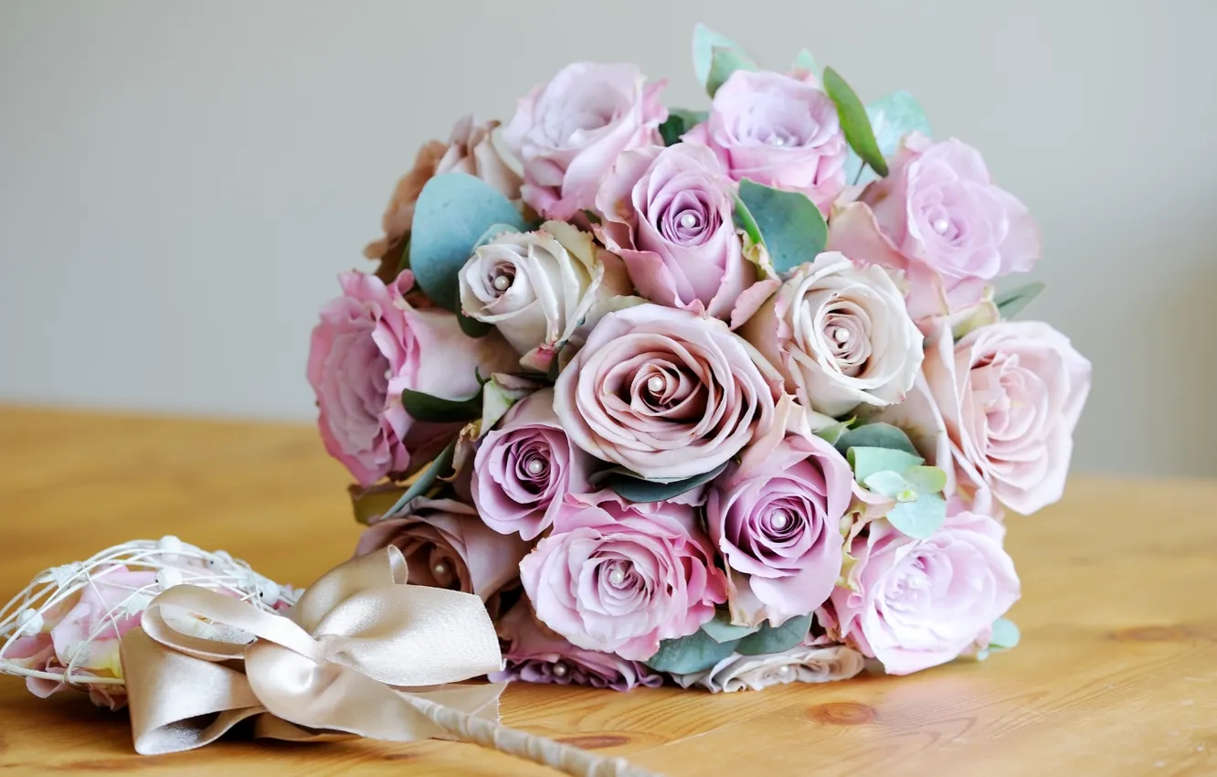 Фото обои розы, лук, букет цветов, bow, roses, wedding flowers, свадебные цветы, bouquet of flowers