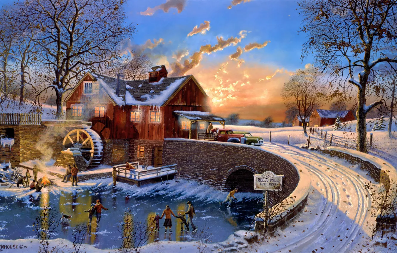 Фото обои холод, зима, машина, мост, дом, лёд, вечер, мельница