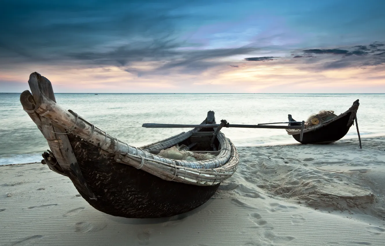 Фото обои песок, море, лодки