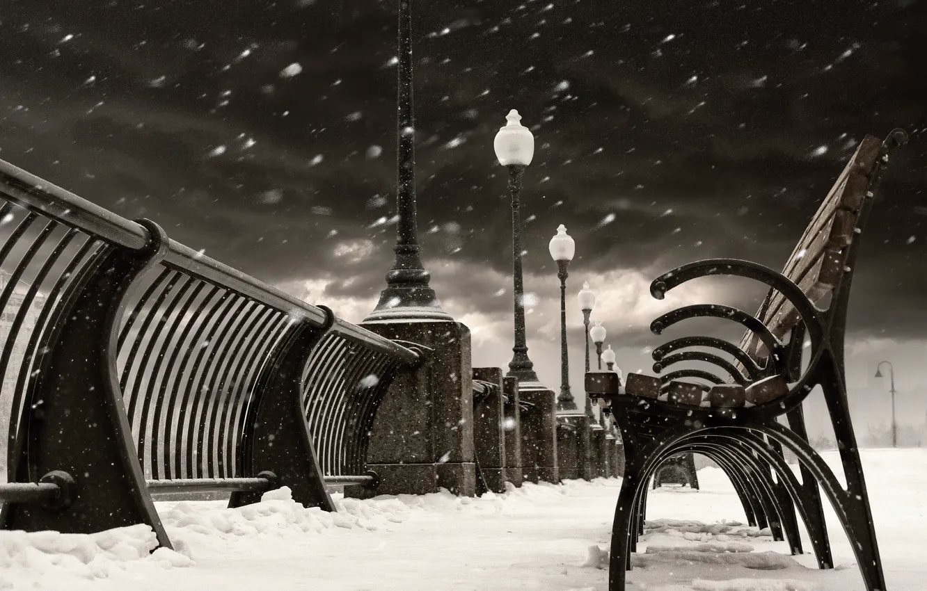 Фото обои зима, снег, город, Канада, фонари, Монреаль, Canada, скамейки