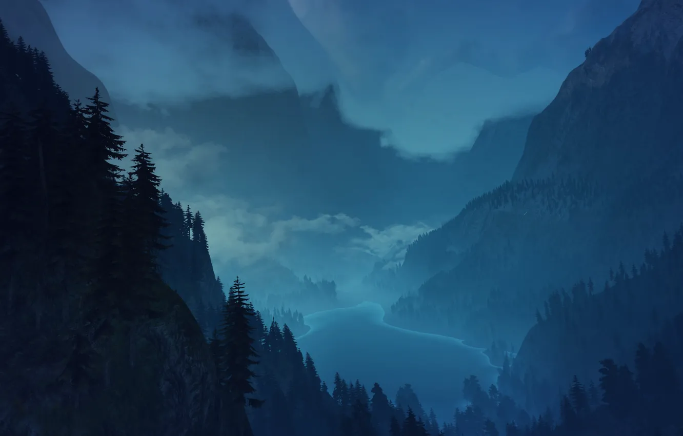 Фото обои лес, горы, ночь, туман, ведьмак 3 дикая охота