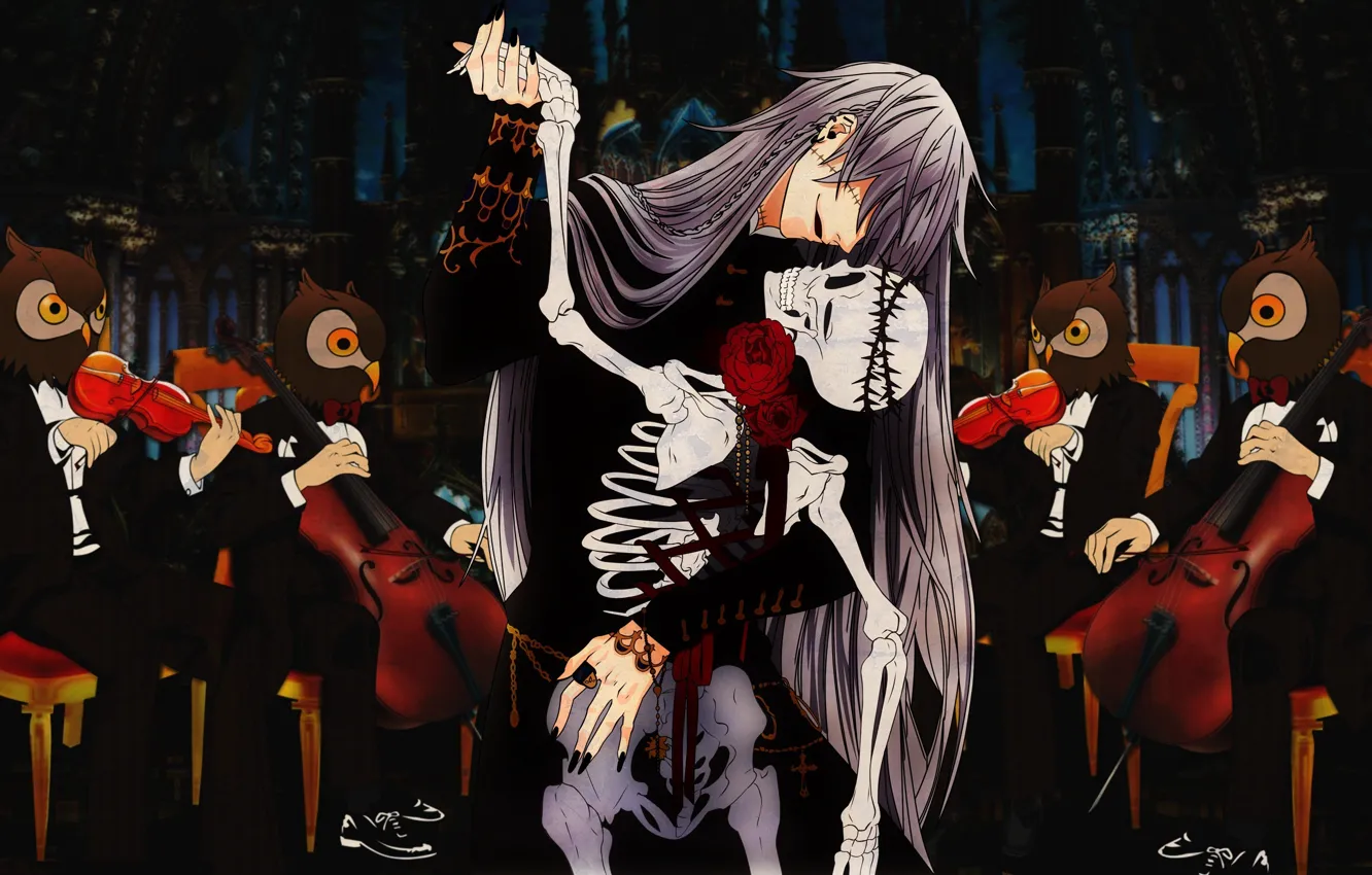 Фото обои танец, аниме, арт, скелет, совы, перчатка, kuroshitsuji, оркестр