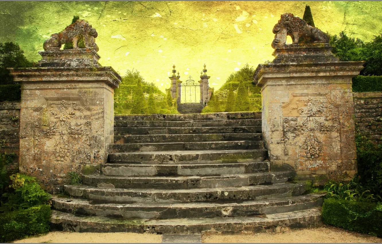 Фото обои парк, рендеринг, Франция, ворота, лестница, скульптуры, château de Canon, замок де Канон