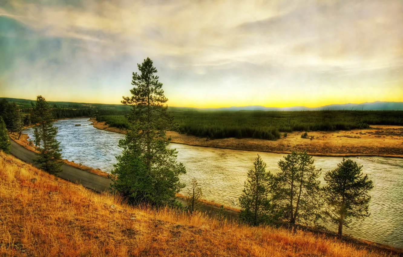 Фото обои трава, пейзаж, природа, парк, река, HDR, США, Wyoming