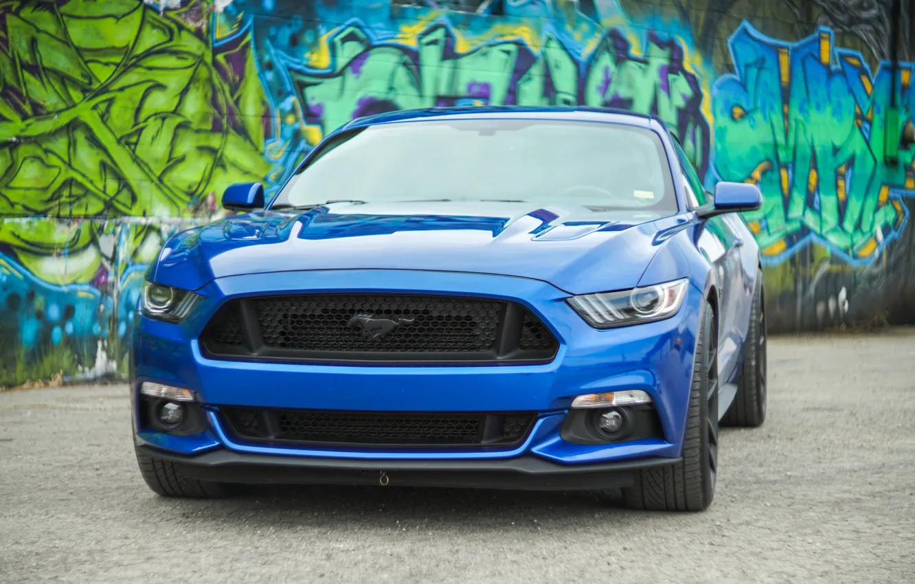 Фото обои синий, дизайн, граффити, Ford Mustang, передок