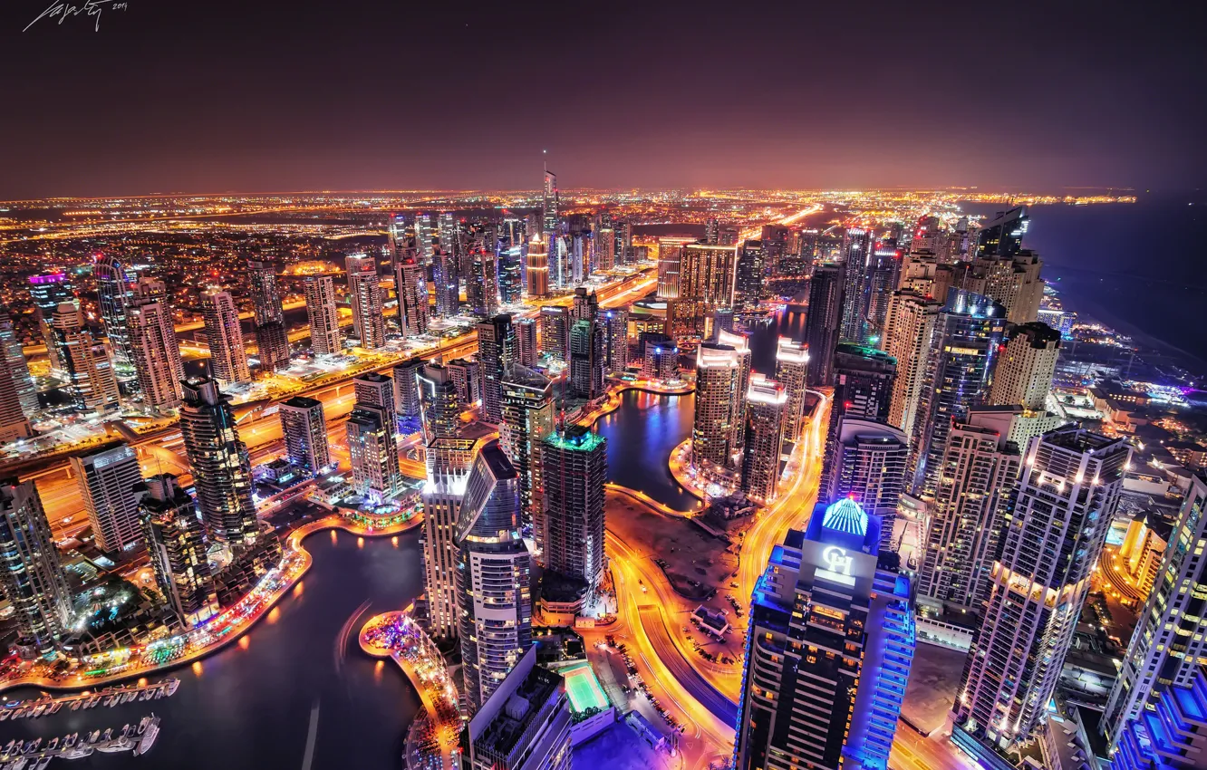 Фото обои ночь, город, огни, вечер, выдержка, Дубай, Dubai Marina