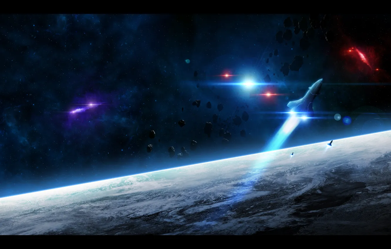 Фото обои звезды, свет, земля, планета, атмосфера, астероиды, ракеты, запуск