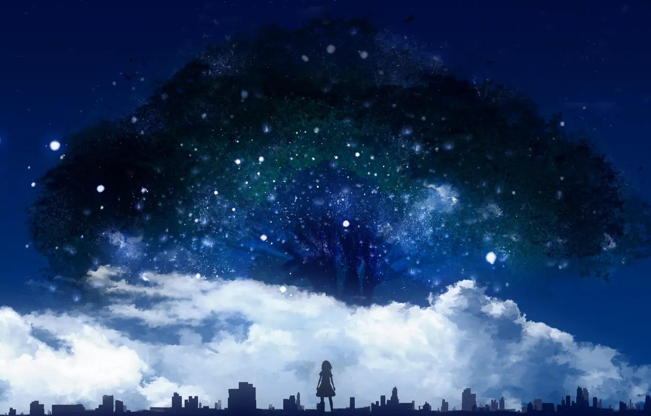 Фото обои небо, девушка, облака, ночь, дерево, Y_Y