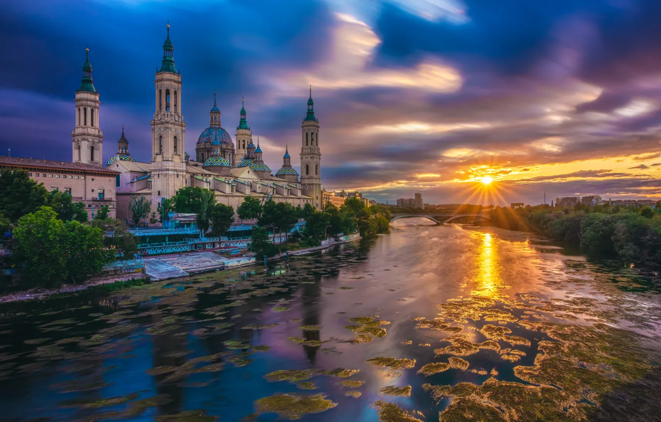 Фото обои закат, река, храм, Испания, Spain, Zaragoza, Сарагоса, Базилика-де-Нуэстра-Сеньора-дель-Пилар