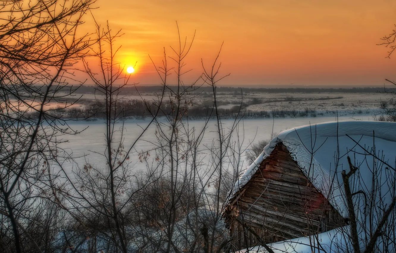 Фото обои зима, снег, пейзаж, закат, дом
