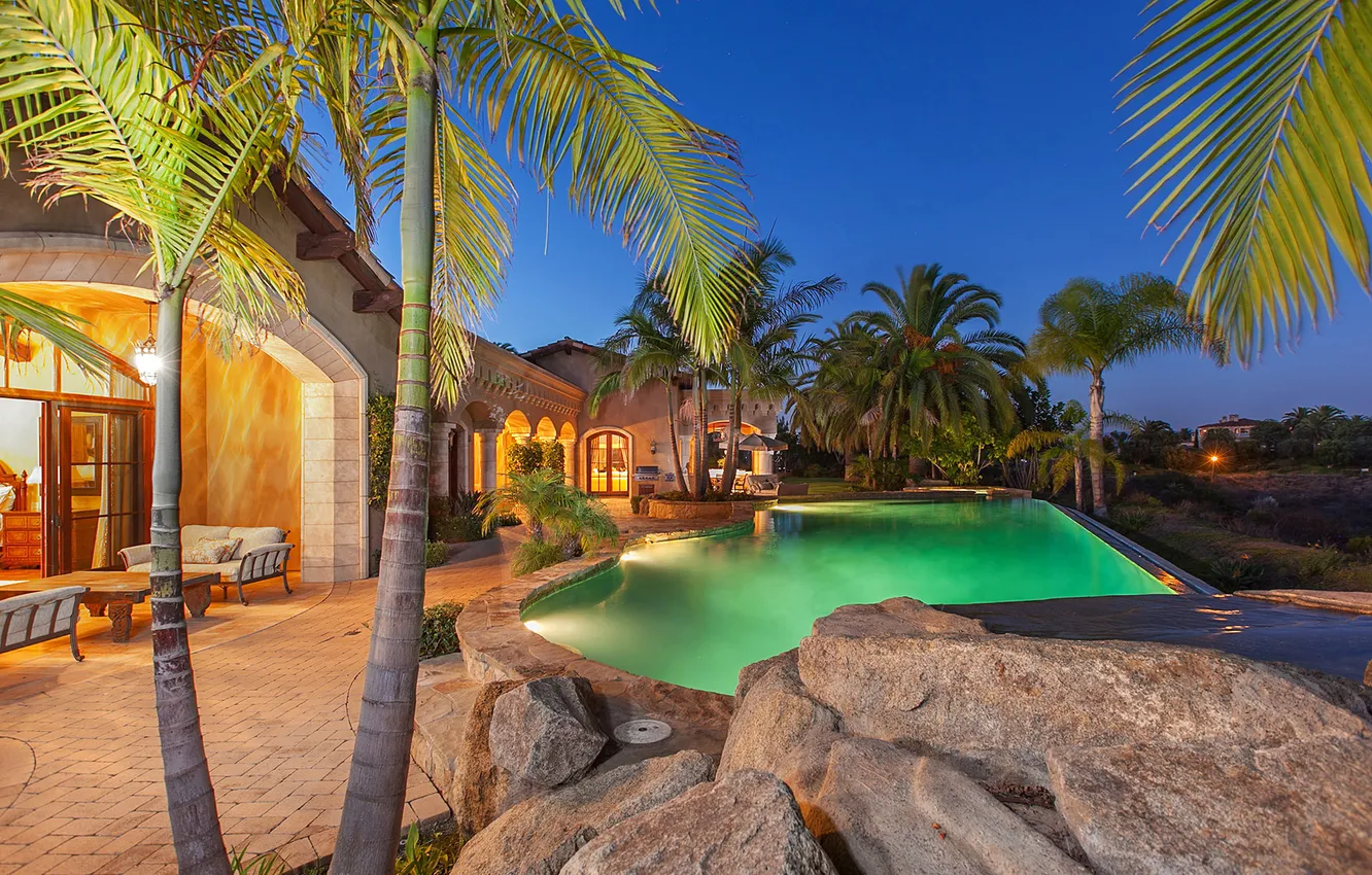 Фото обои pool, villa, luxury, palm, ranch