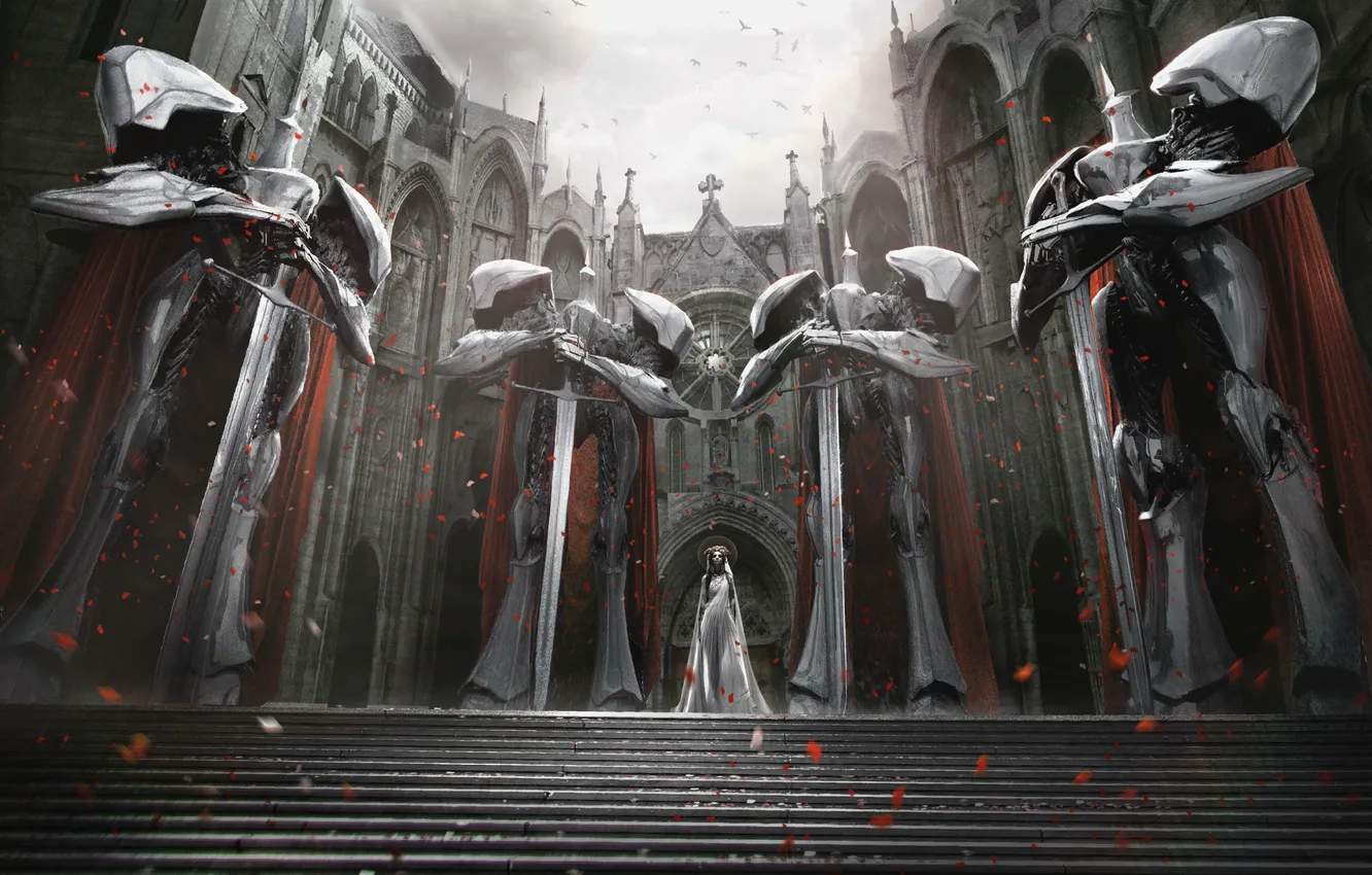Фото обои птица, здания, ступени, The White Queen and Knights of Round, MILKY OVERLOAD ARTBOOK