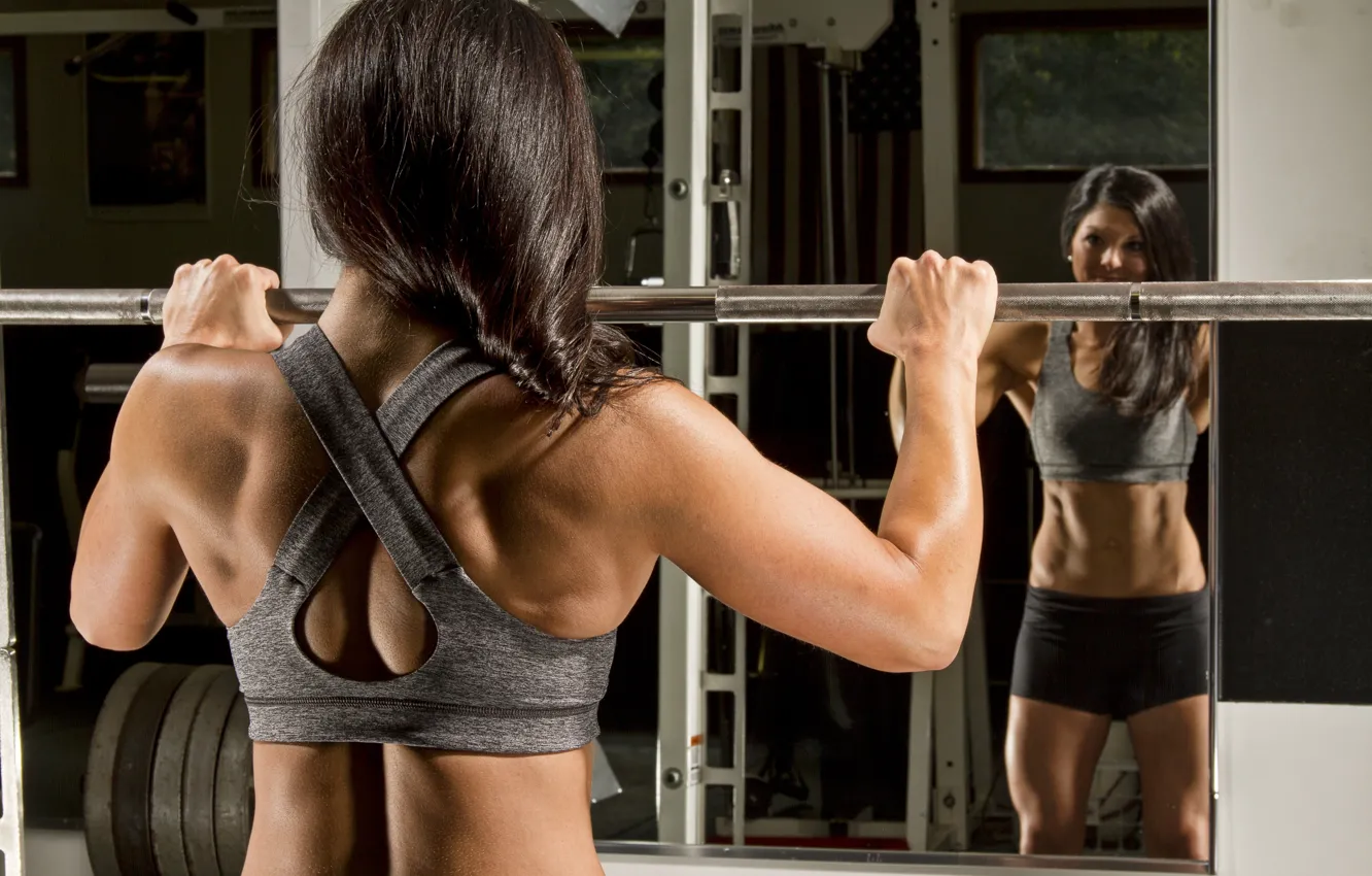 Фото обои brunette, mirror, workout, fitness