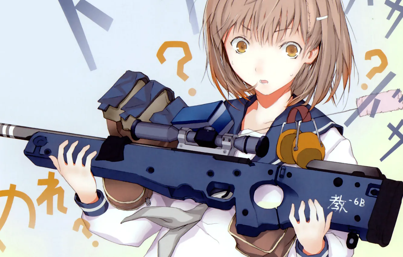 Фото обои удивление, школьница, прицел, винтовка, by Fuyuno Haruaki