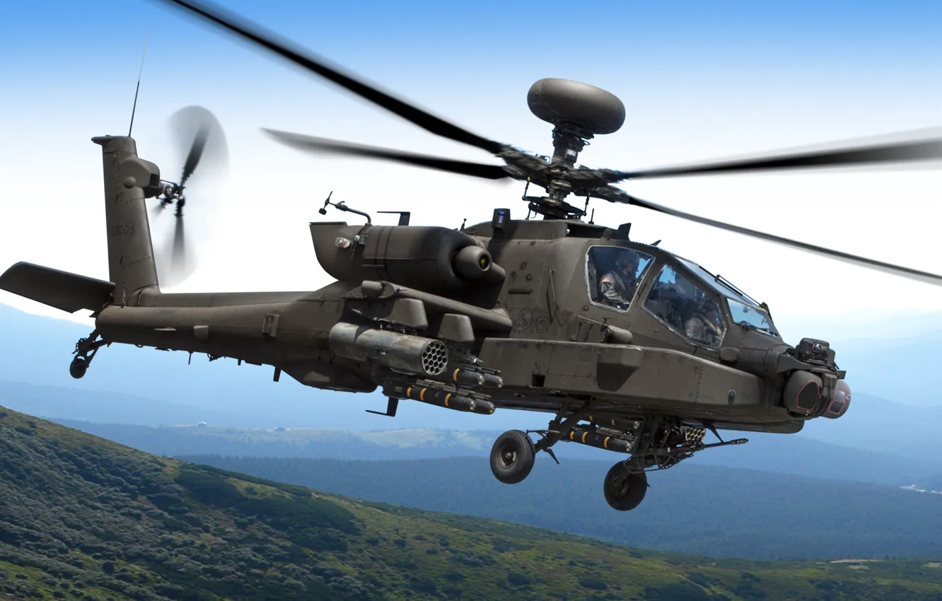 Фото обои небо, горы, вертолет, полёт, Apache, AH-64D, ударный, Longbow