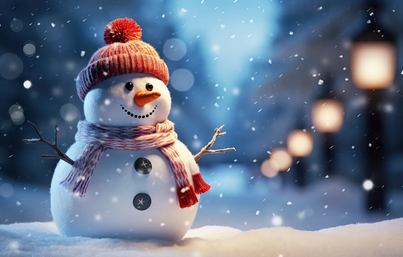 Фото обои зима, снег, Рождество, Новый год, снеговик, Christmas, winter, snow