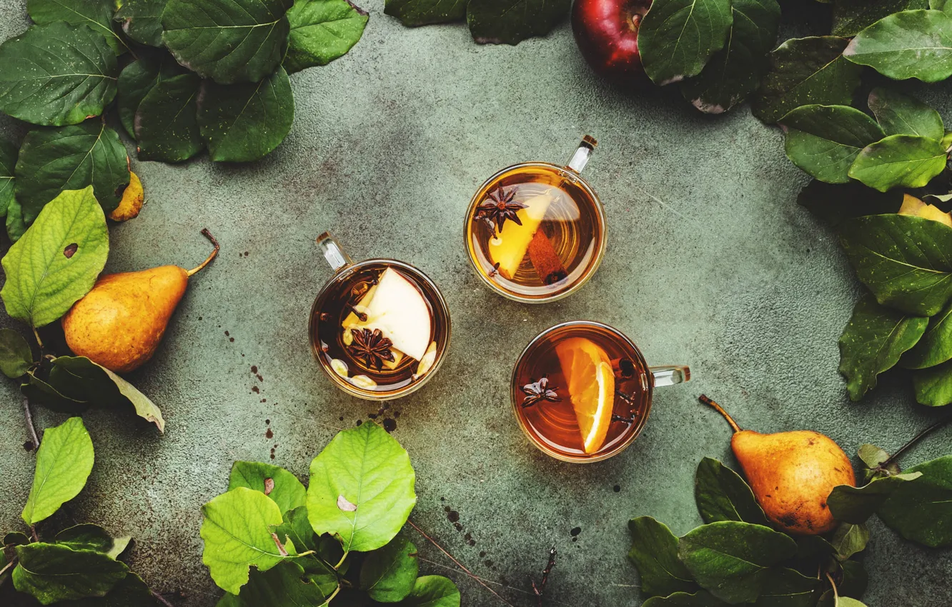 Фото обои листья, ветки, лимон, чай, яблоки, чашка, напиток, корица