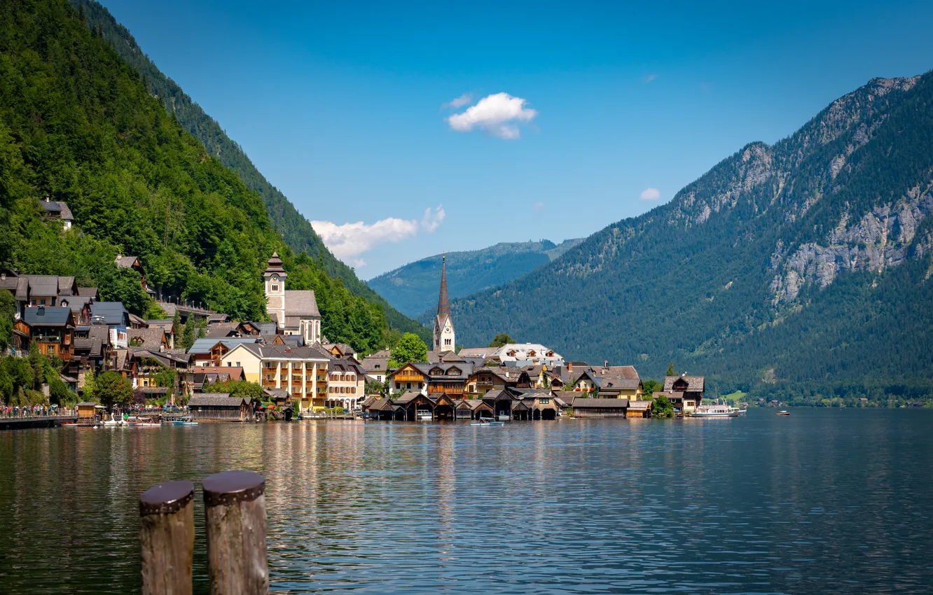Фото обои горы, озеро, здания, дома, Австрия, Альпы, городок, Austria