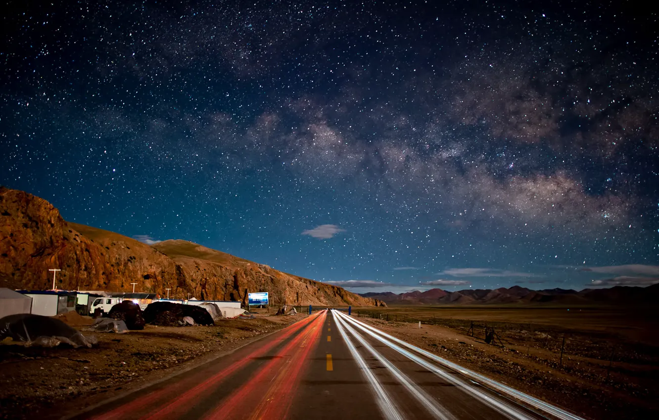 Фото обои дорога, небо, звезды, горы, ночь, китай, china