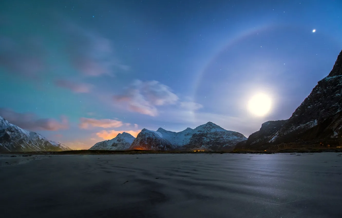 Фото обои зима, песок, пляж, облака, свет, горы, Норвегия