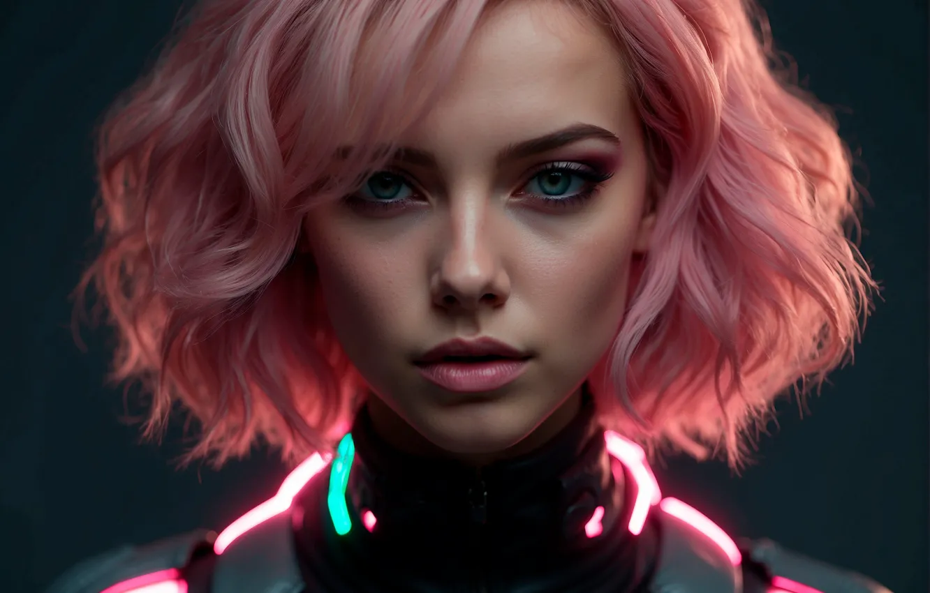 Фото обои cyberpunk, girl, AI art, portrait, pink hair