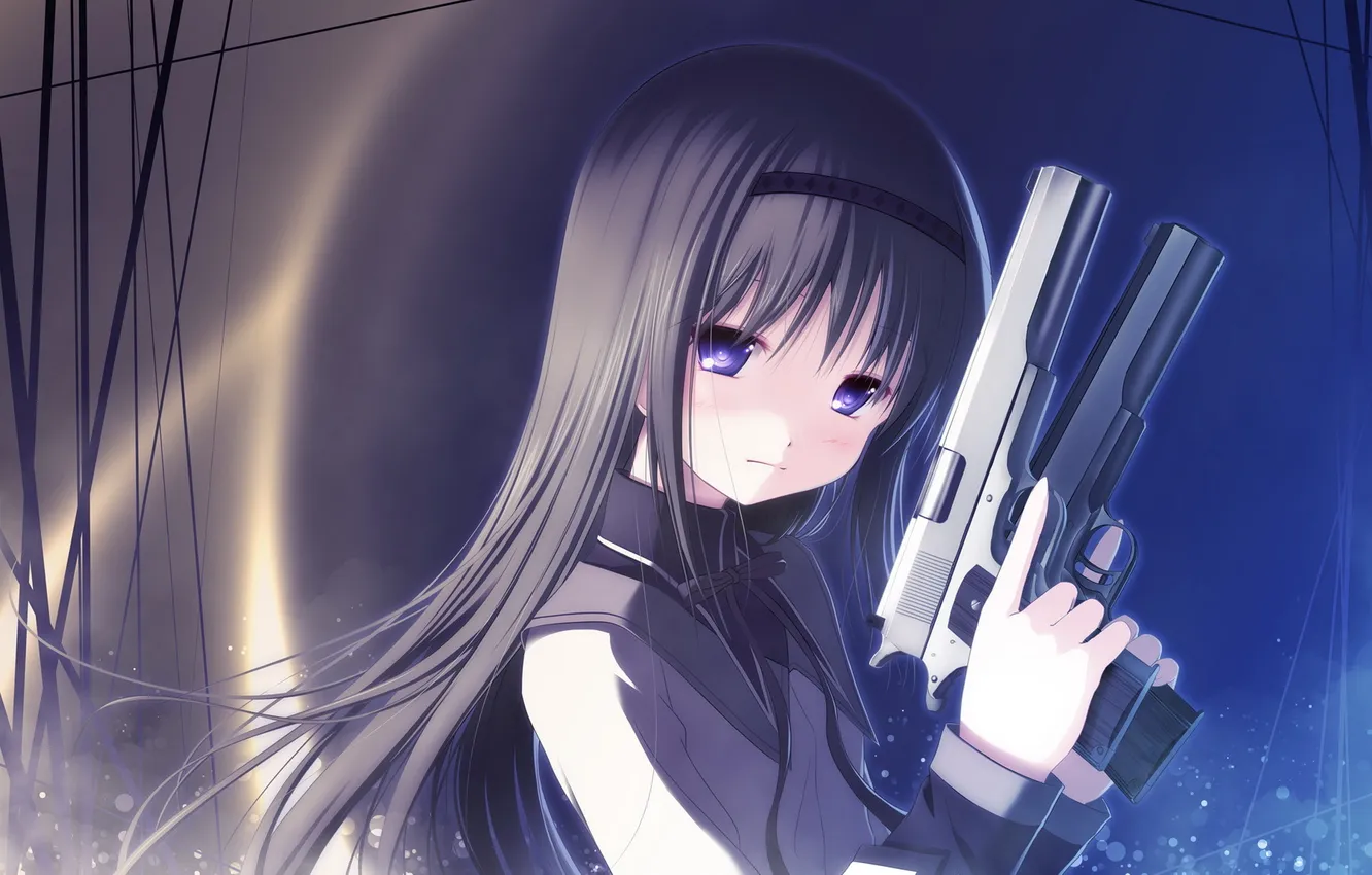 Фото обои глаза, лицо, оружие, волосы, пистолеты, девочка, Madoka Magica, Homura Akemi аниме