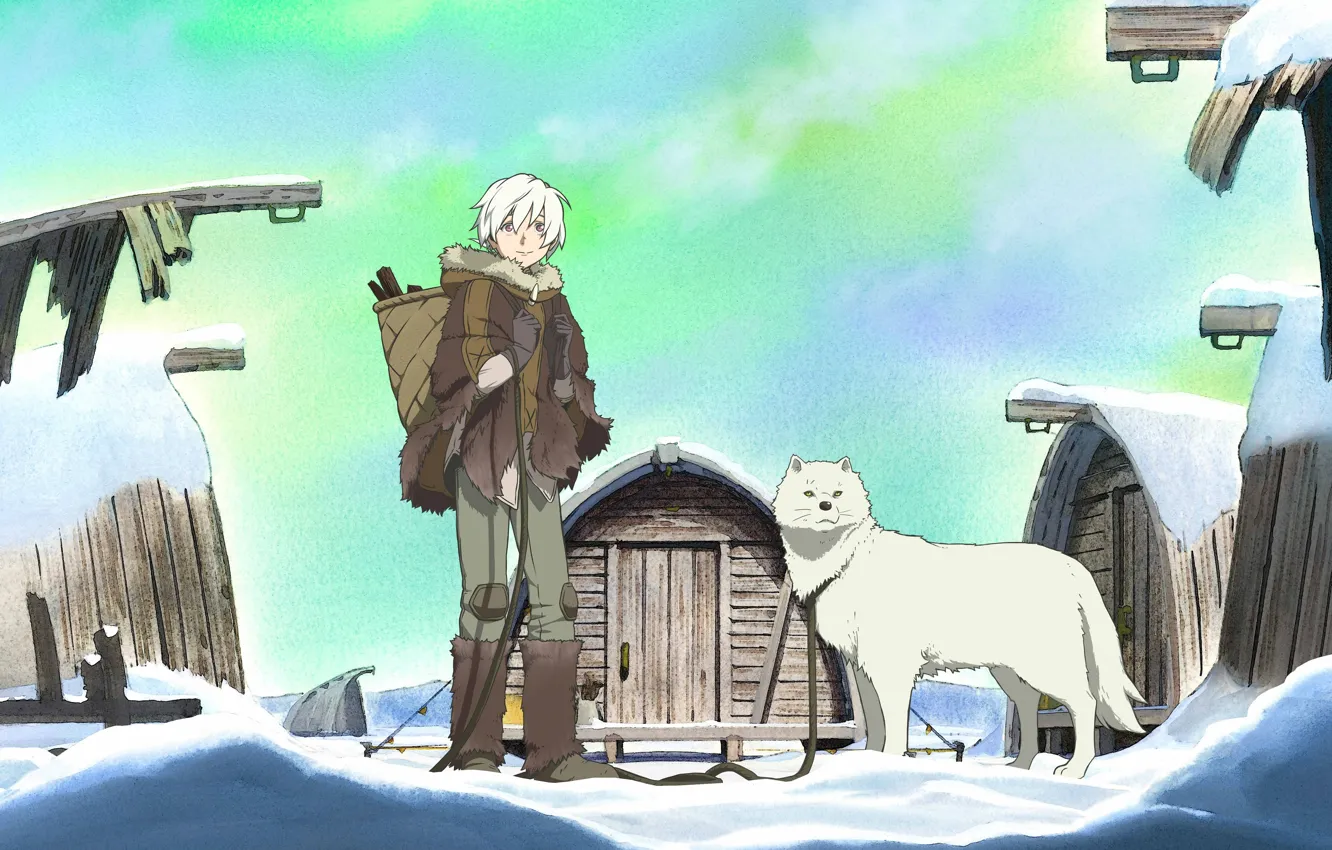 Фото обои парень, север, зимний день, короб, деревянные домики, Fushi, ясное небо, Fumetsu no Anata e
