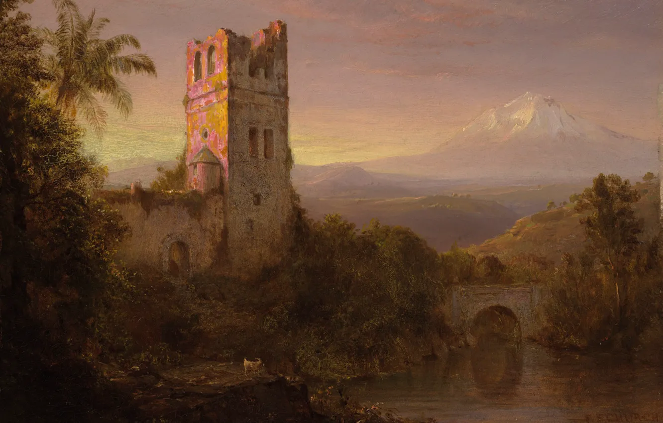 Фото обои пейзаж, мост, башня, гора, картина, Фредерик Эдвин Чёрч, Вулкан Чимборасо