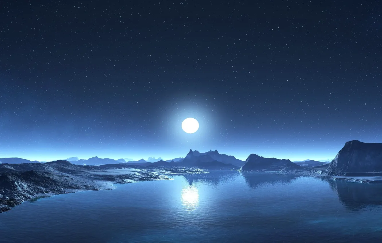 Фото обои небо, вода, звезды, горы, берег, Луна