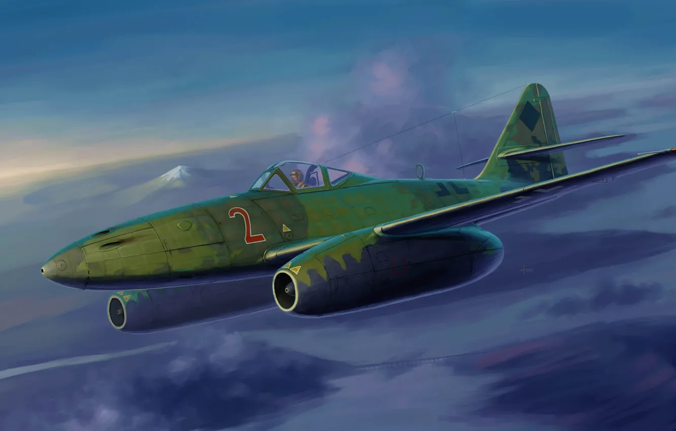 Фото обои небо, рисунок, истребитель, Messerschmitt, реактивный, Вторая мировая война, немецкий, Me.262 A-1a