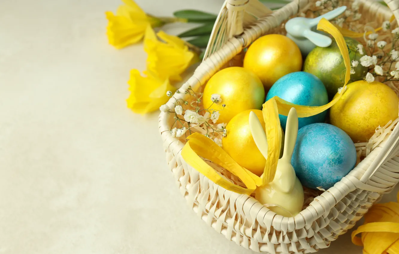 Фото обои цветы, яйца, кролик, Пасха, корзинка, крашенки