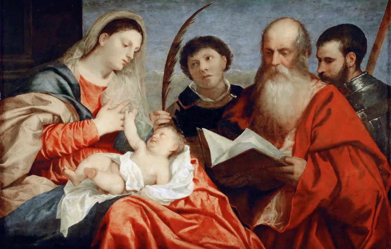 Фото обои Titian Vecellio, ок.1520, Мадонна с младенцем, св.Стефаном, св.Иеронимом и св.Маврикием
