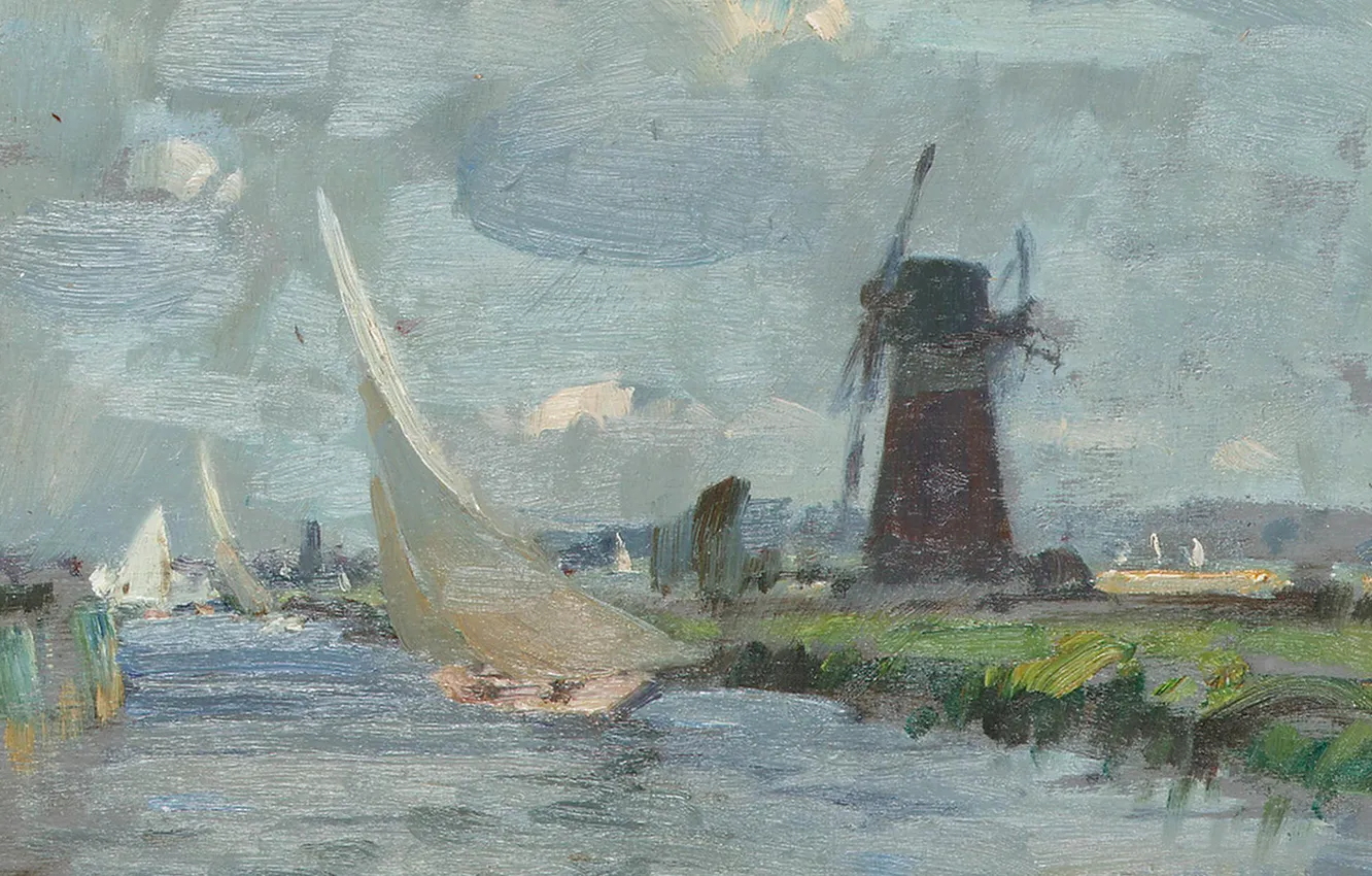 Фото обои пейзаж, лодка, картина, парус, ветряная мельница, Эдуард Сиго, Breezy Day on the Ant. Norfolk