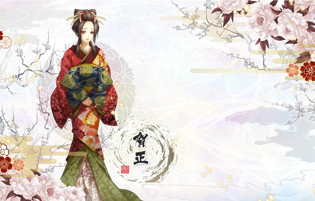 Фото обои девушка, цветы, иероглифы, кимоно, Hakuouki, Yukimura Chizuru