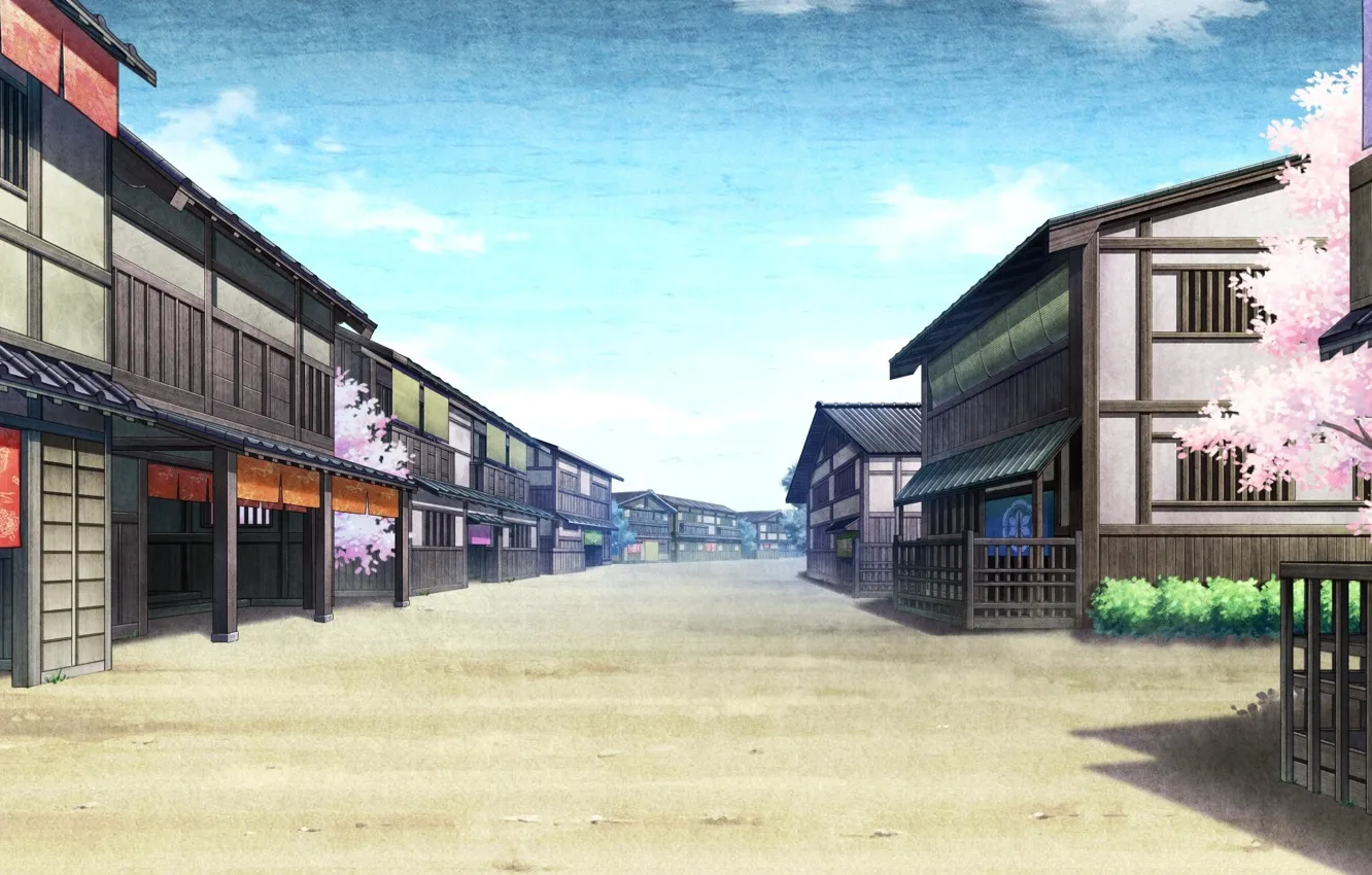 Фото обои небо, улица, дома, сакура, Japan, game, Kajiri kamui Kagura, безлюдная