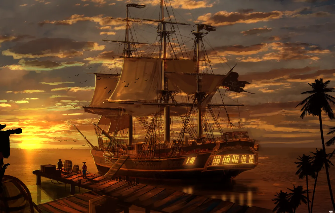 Фото обои море, пейзаж, закат, вечер, Корабль, пираты